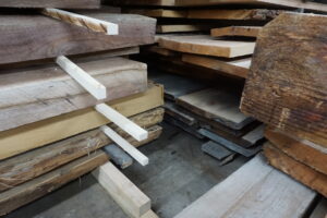 Lumber being dried with sticks in between boards